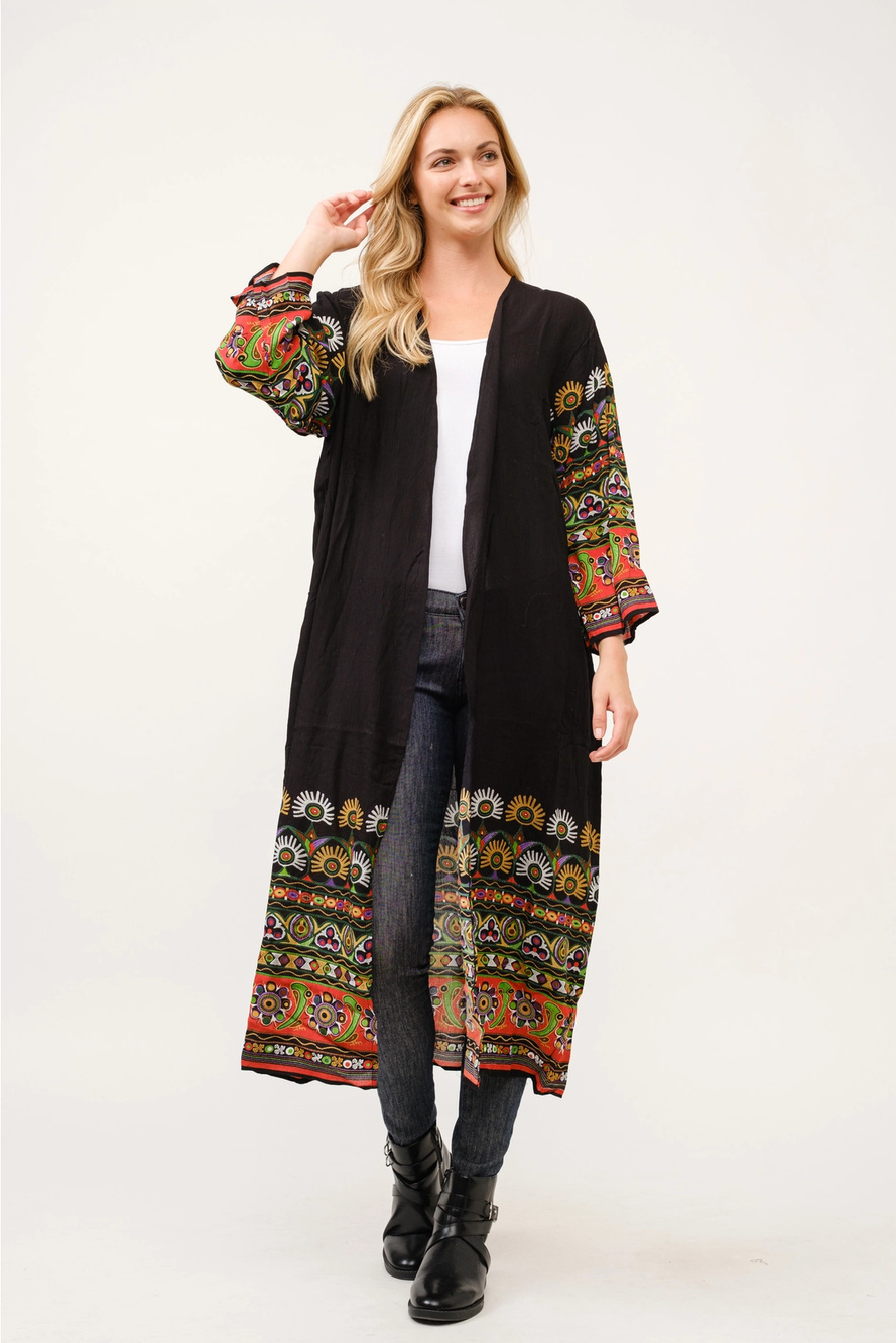 Floral Contrast Print Kimono Duster 1 Size Cotton Rayon Boho Open Front Cotton